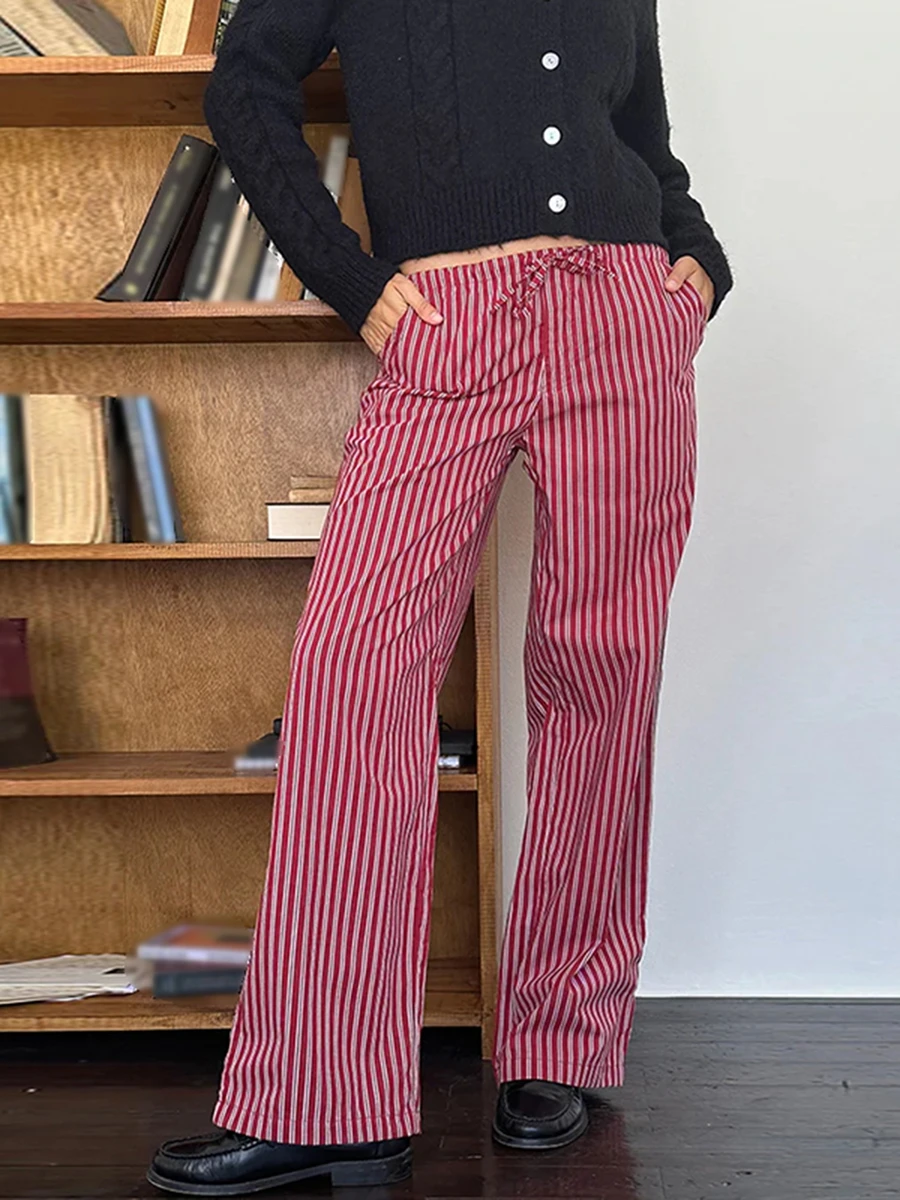 

Женские полосатые штаны для отдыха Y2K в стиле Палаццо с эластичным поясом, клетчатые Широкие штаны на шнуровке, повседневные Пижамные брюки, уличная одежда
