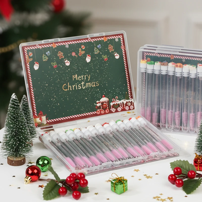 14 pièces coffret cadeau Mascara de Noël ensemble de pinceaux à cils-Père Noël flocon de neige conception Mascara baguette pinceaux de maquillage, brosse à cils de voyage