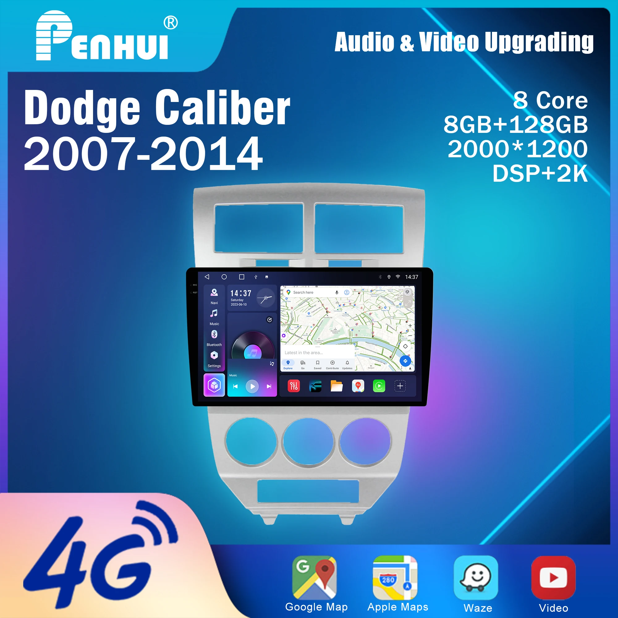 Penhui Android Car DVD Player 2 Din for Dodge Caliber 2007-2014 Multimedia Screen with DSP, Bluetooth, Audio & CarPlay