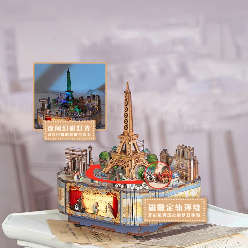 NEW DIY Wooden Music Box Paris Games 3D Puzzles Miniature Model Kits Can Move Jigsaw for Children Christmas Gifts Home Decor