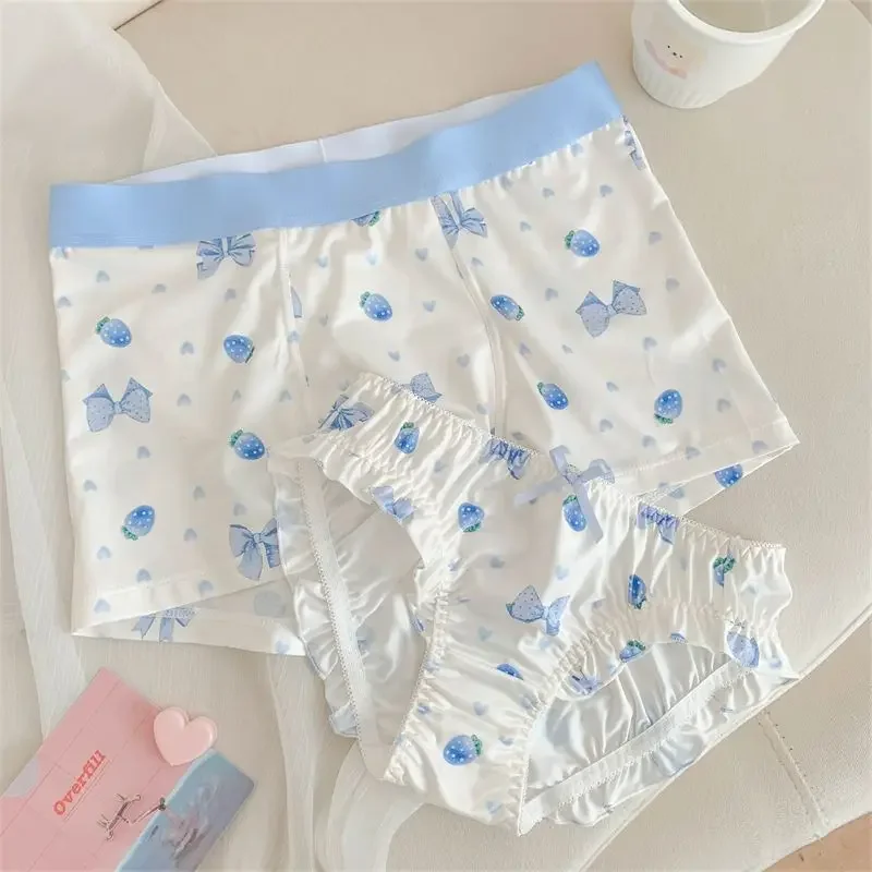 

2PCS Couple Underwear Women Men's Boxers Shorts Panties Lace Strawberry Print Boy Girls Underpants Panties Sexy Lovers Lingerie