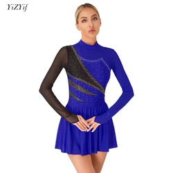 Womens Ballet Tutu Lyrical Dance Dress Dancewear Gymnastics Leotard Long Sleeve Rhinestone Figure Skating Performance Costume