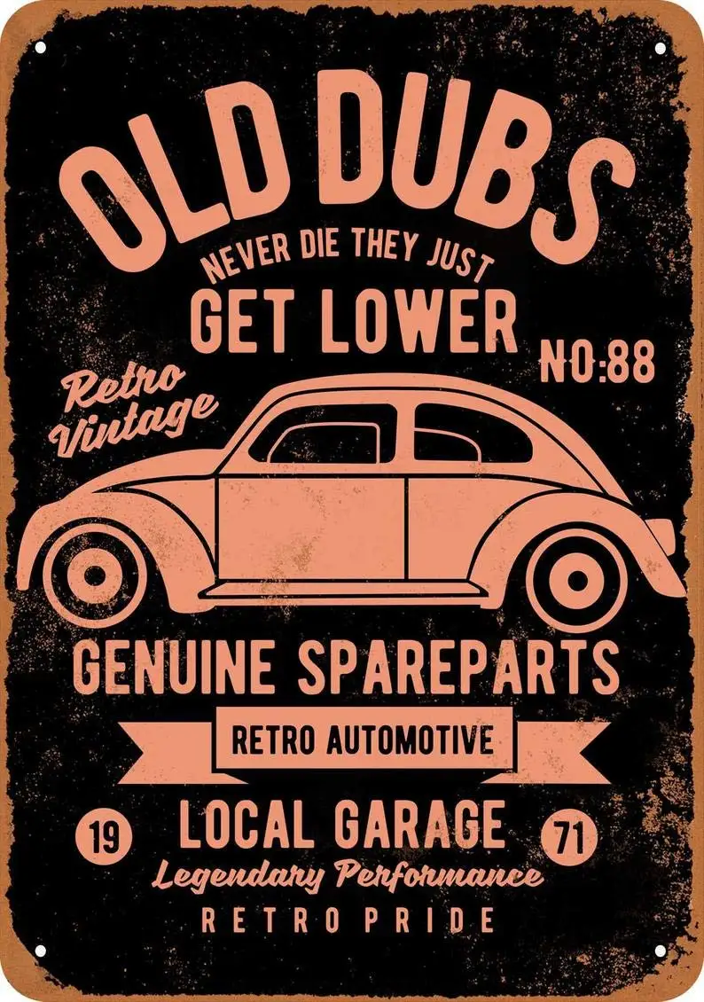 Old Dubs Genuine Spare Parts (Black Background) Vintage Look Metal Sign for Home Coffee Wall Decor 8x12 Inch