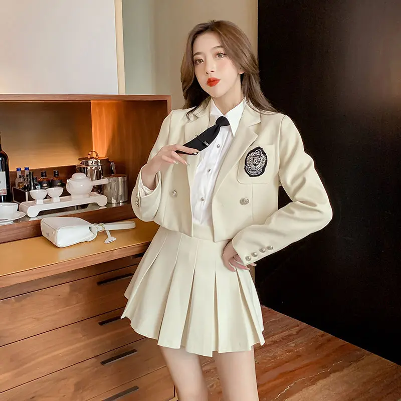 2023 autumn new korea japan style jk set women's short suit jacket white shirt short pleated skirt fashion uniform set g834