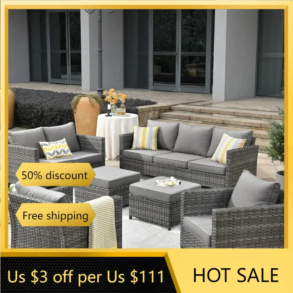 

6 Pieces Outdoor Wicker Rattan Sofa Couch with Loveseat, Ottomans and Comfy Cushions, All Weather High Back Conversation