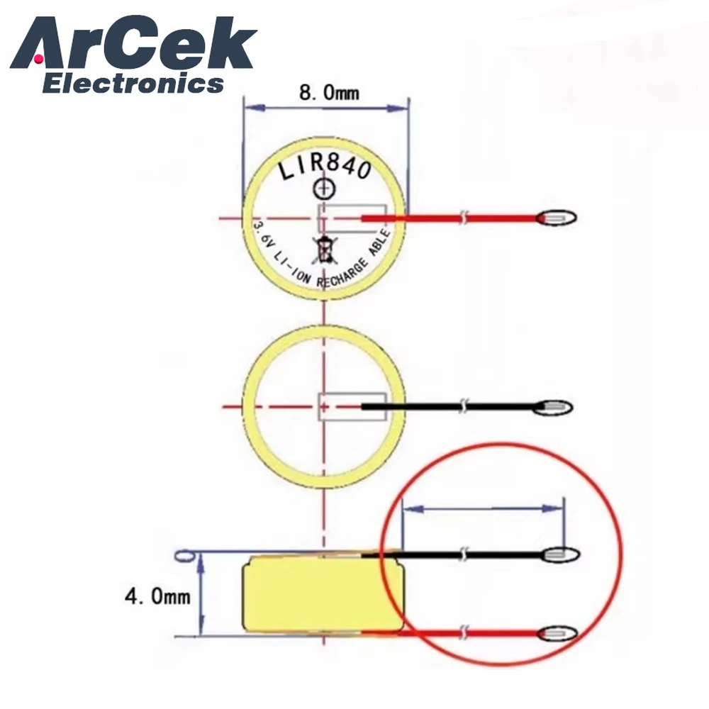 2PCS LIR840 Rechargeable Button Battery with Wire 3.6V 18mAh Lithium Batteries for TWS Bluetooth Earphone Headset