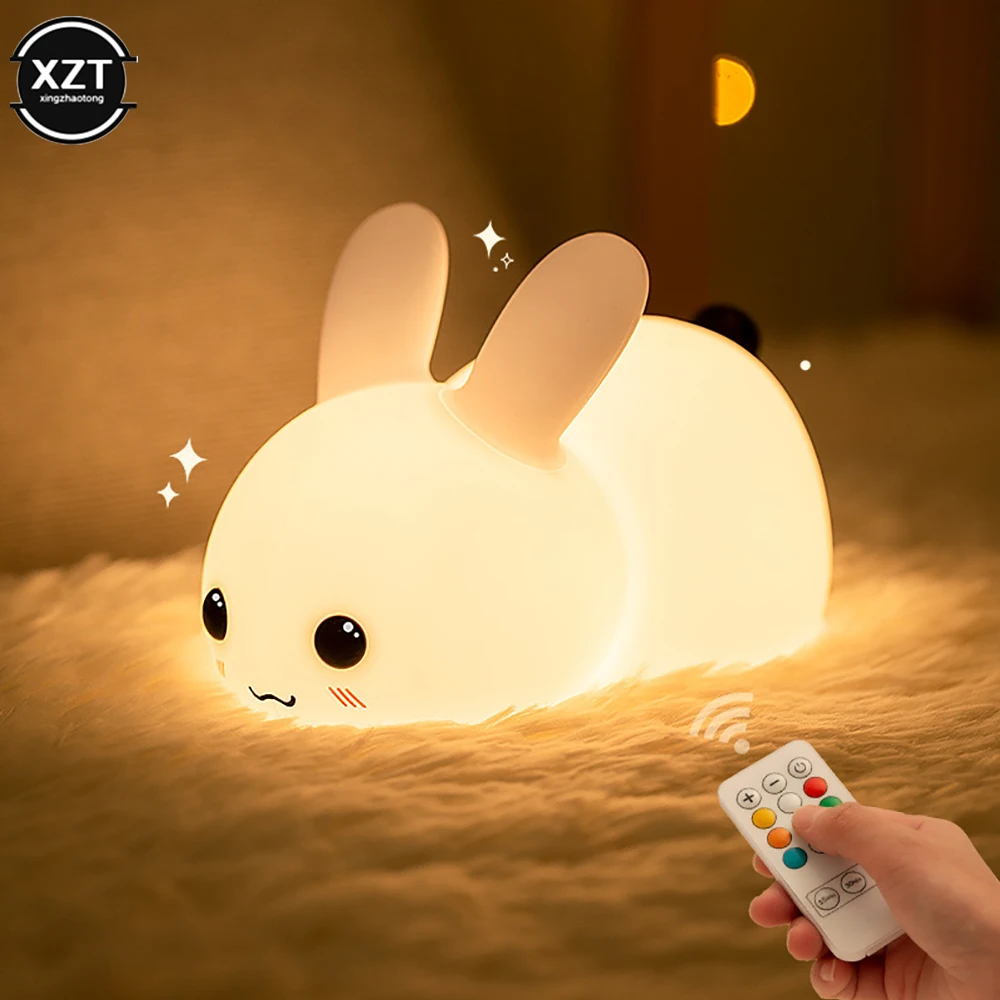 LED Rabbit Night Light Remote Control USB Rechargeable Silicone Bunny Lamp for Children Baby Toy Gift