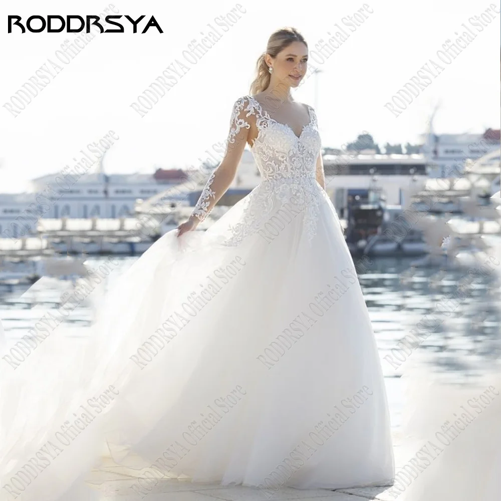 RODRSY Beach Abiti da Sposa Per La Donna Maniche Lunghe Backless Bride Party AbiRODDRSY abiti da sposa da spiaggia per donna maniche lunghe Backless sposa abiti da festa Applique in pizzo a-line civile vestido de noiva