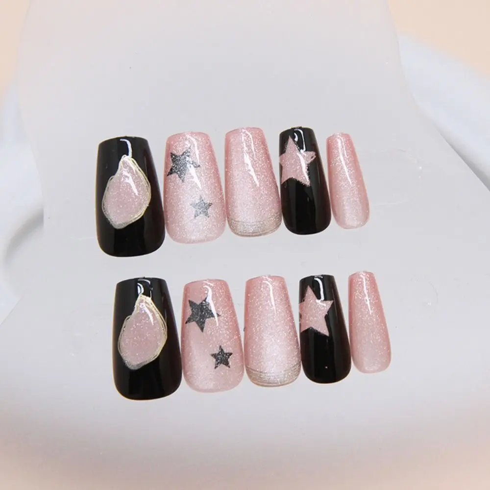 Uñas postizas de bailarina de longitud media, uñas postizas francesas de ojo de gato y Estrella, cubierta completa, manicura desmontable DIY, 24 unids/lote por caja