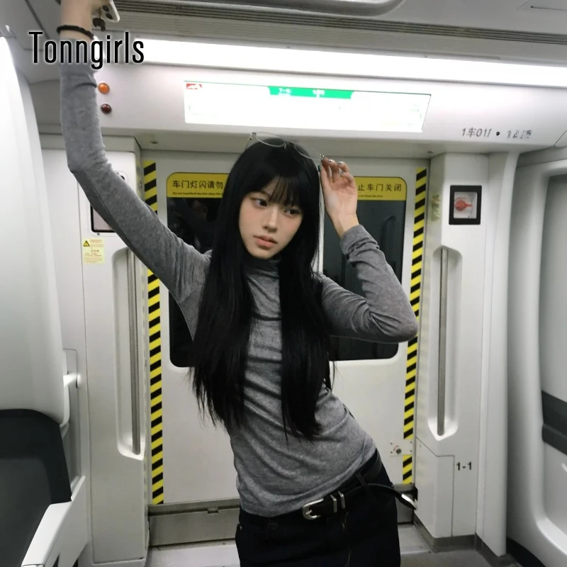Tonngirls Harajuku T-shirt Women Turtleneck Slim Crop Tops Y2k Japanese Tshirts Streetwear Korean Style Tee Tops 2000s Aesthetic