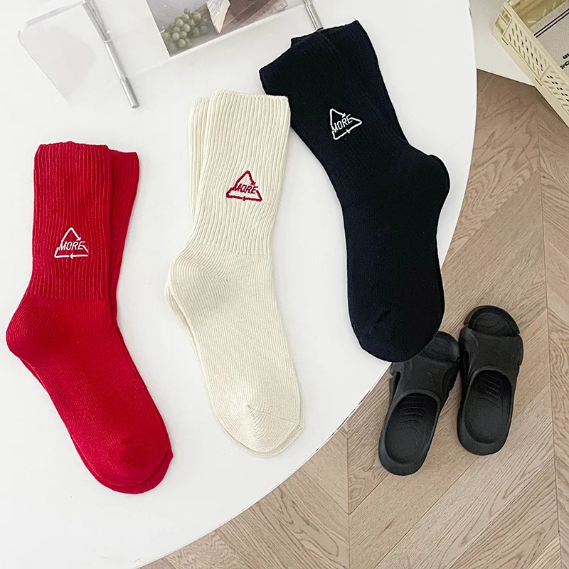 1 Pair Trendy Cotton Mid Tube Socks Women Solid Autumn Winter Socks With Embroidered Letter Thick Thread Mid Tube Socks