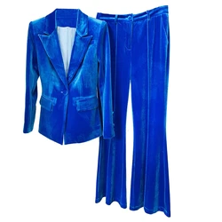 Velvet Blazer Pantsuits Blue Black Women 2022 Autumn Winter New One Button Jacket Flare Pants Two Piece Sets Office Female Suit