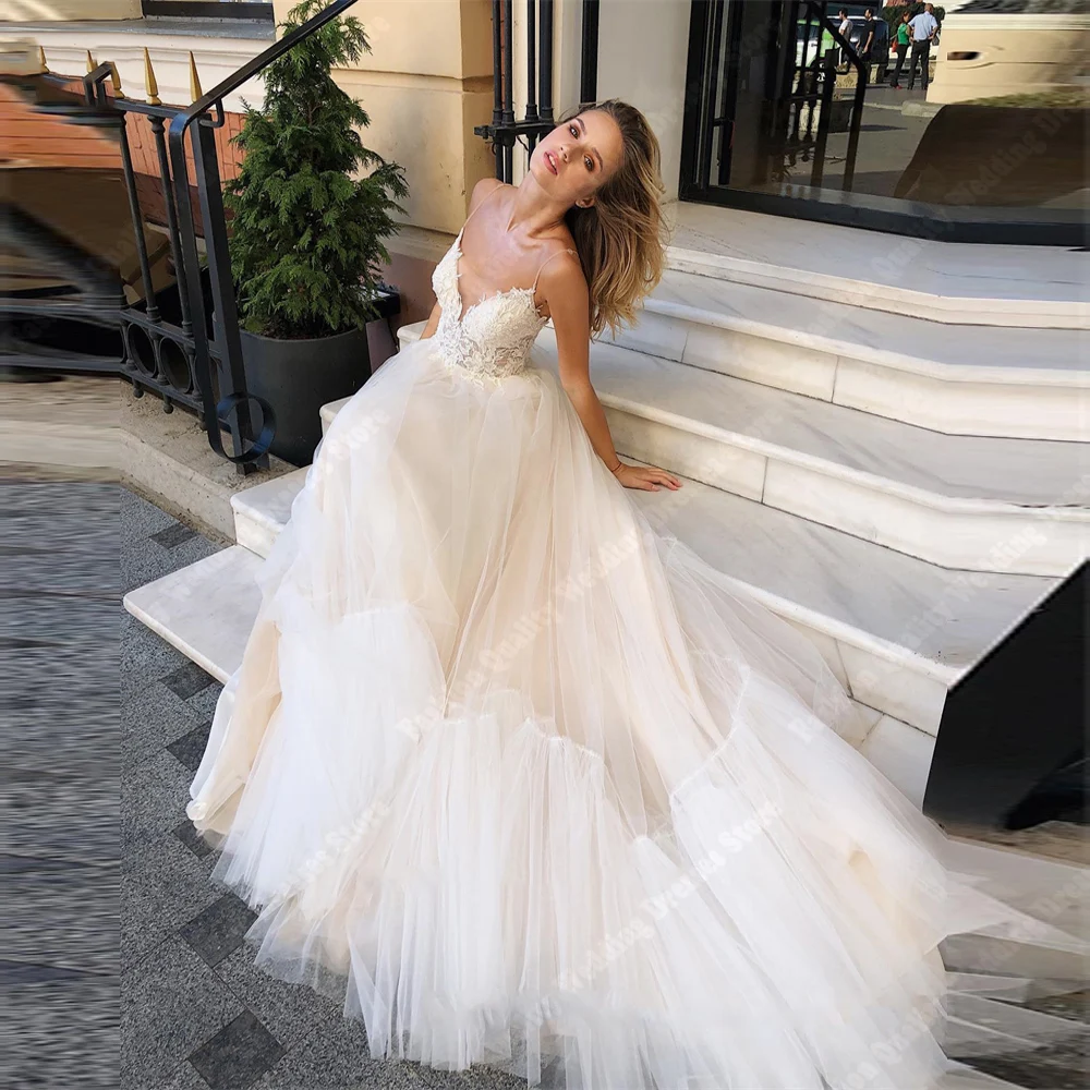 Vintage V-Neck Women Wedding Dresses Thin Shoulder Strap A-Line Bridal Gowns Formal Occasion Mopping Length Vestidos De Novias