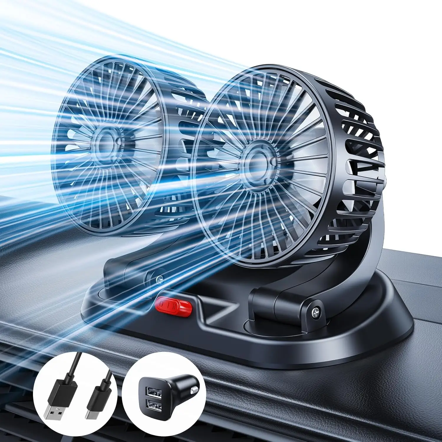USB Fan For Car, Dual-Head Front Seat Cooling Fan, Powerful Airflow, 360° Rotation, 5V/12V/24V Cigarette Lighter Plug, Fits RV,