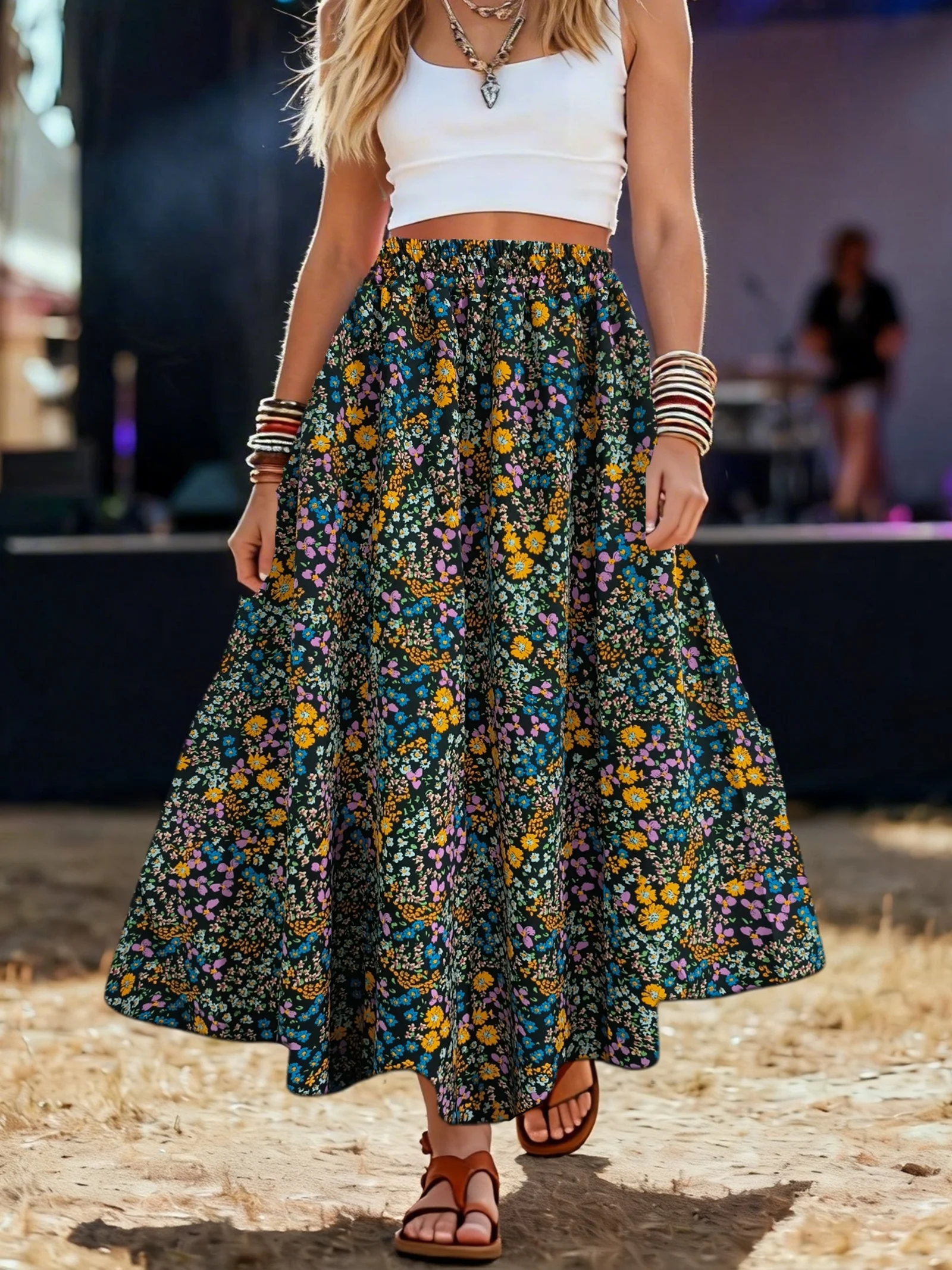 Neuer Maxirock für Damen in Übergröße, Frühling/Sommer, mit elastischem Bund, Blumenmuster, A-Linie, eleganter Strandrock