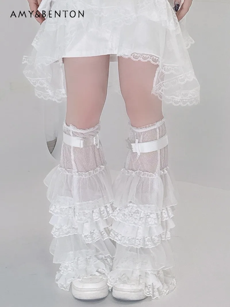 Japanese Subculture Mine Series Water Color Heavy Industry Multi-layer Lace Mesh Lace-up Leg Warmer Gothic Lolita Legwarmers