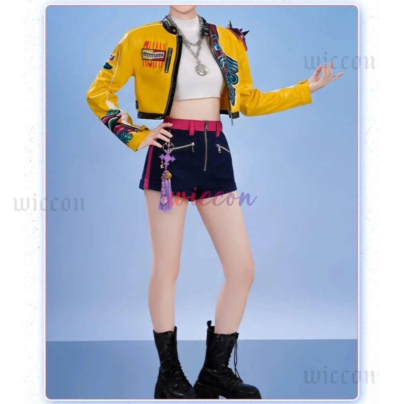 Anime Demon Hunters Rumi Cosplay Costume Wig Yellow Coat Shorts Full Set Huntrix Halloween Carnival Party Suit For Women