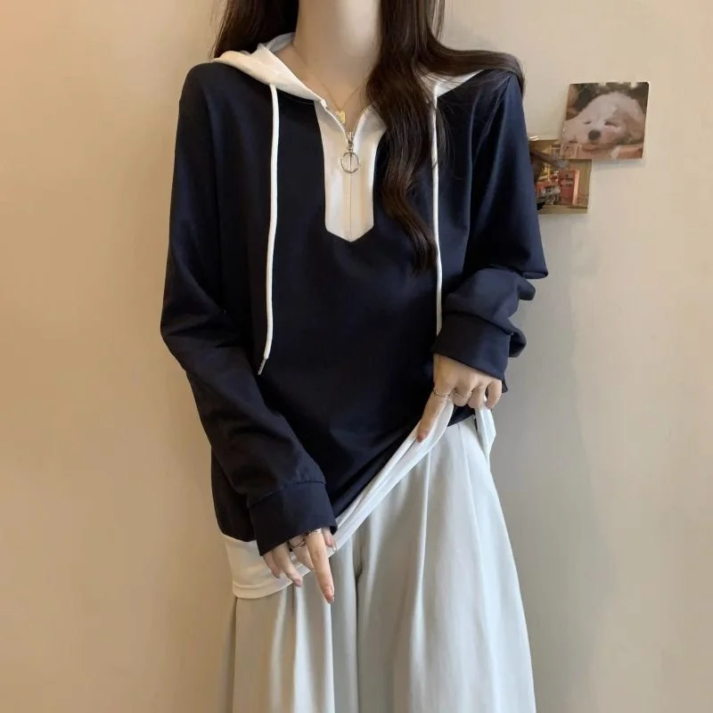 

plus Size Hoodie Women's Casual Loose Meat Concealing Top Spring Season Color Blo Fake Two-Piece Sweatirt by Aoumei