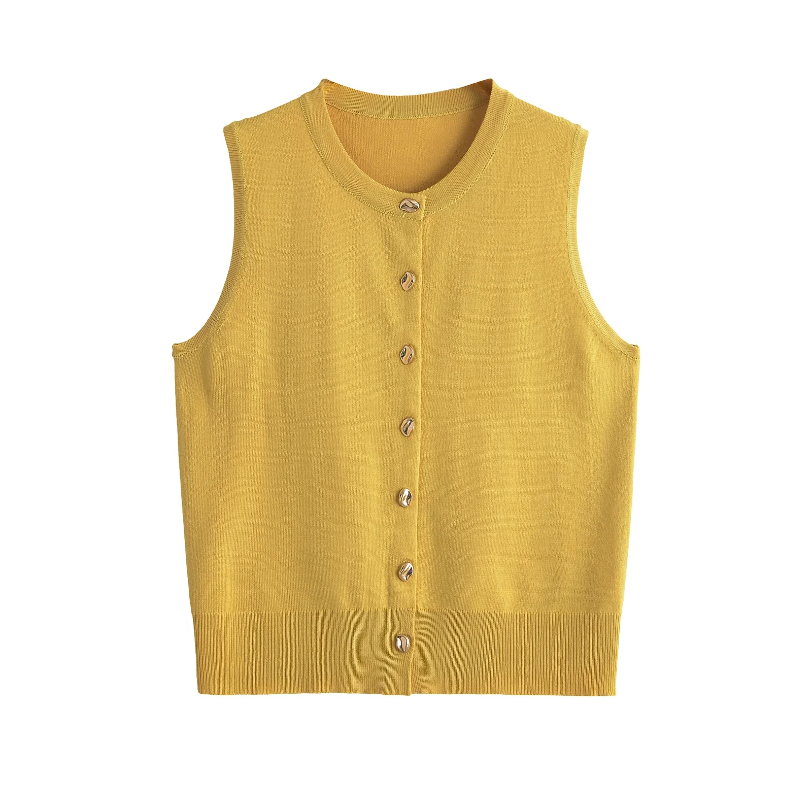 TRAF Women Knitted Waistcoat 2024 Autumn O Neck Sleeveless Gold Buttons Sweater Cardigan Vest Y2K Crop Top Tanks