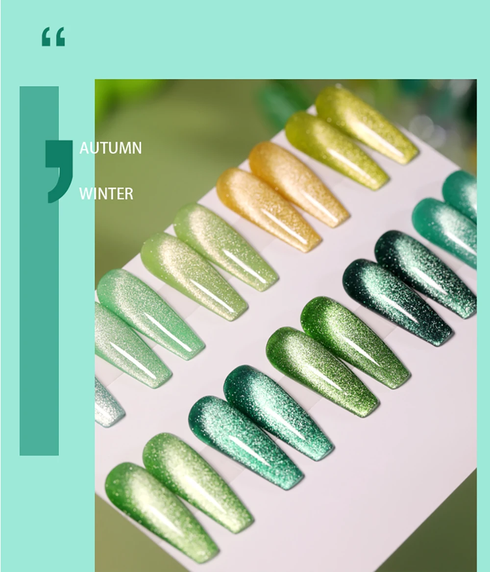 Vendeeni 10 Farben Grüner Glitzer-Brocken-Diamant-Katzenaugen-Gel-Nagellack Magnetischer UV-Soak-Off-Gel-Lack Eis-Smaragd-Gel-Lack – Detail 7