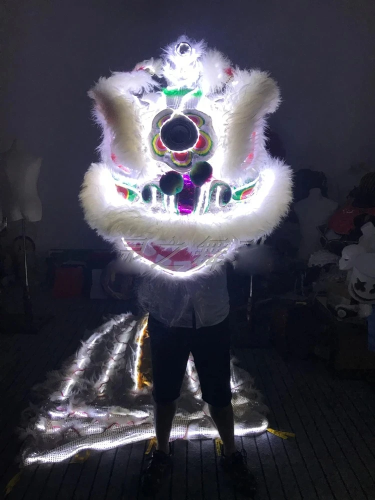 Costume de danse Lion en laine à lumière blanche, tissu de spectacle de scène pour boîte de nuit, Lion du sud, cosplay halloween Dragon Dance Bar