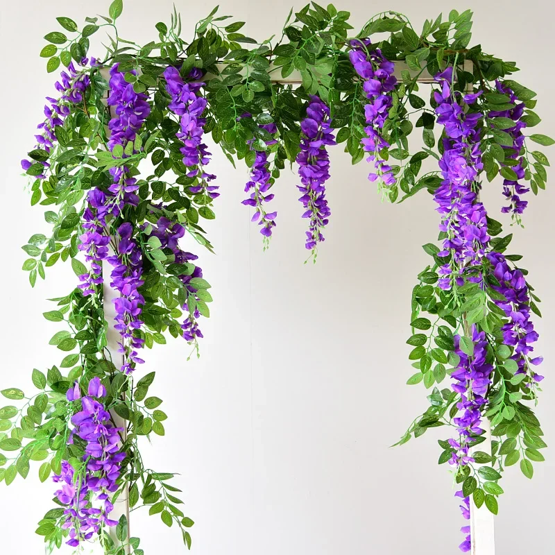 Hot 2M Wisteria Artificial Flower Vine Wreath Wedding Arch Decoration Fake Plant Leaf Rattan Trailing Fake Flower Ivy Wall Rosas