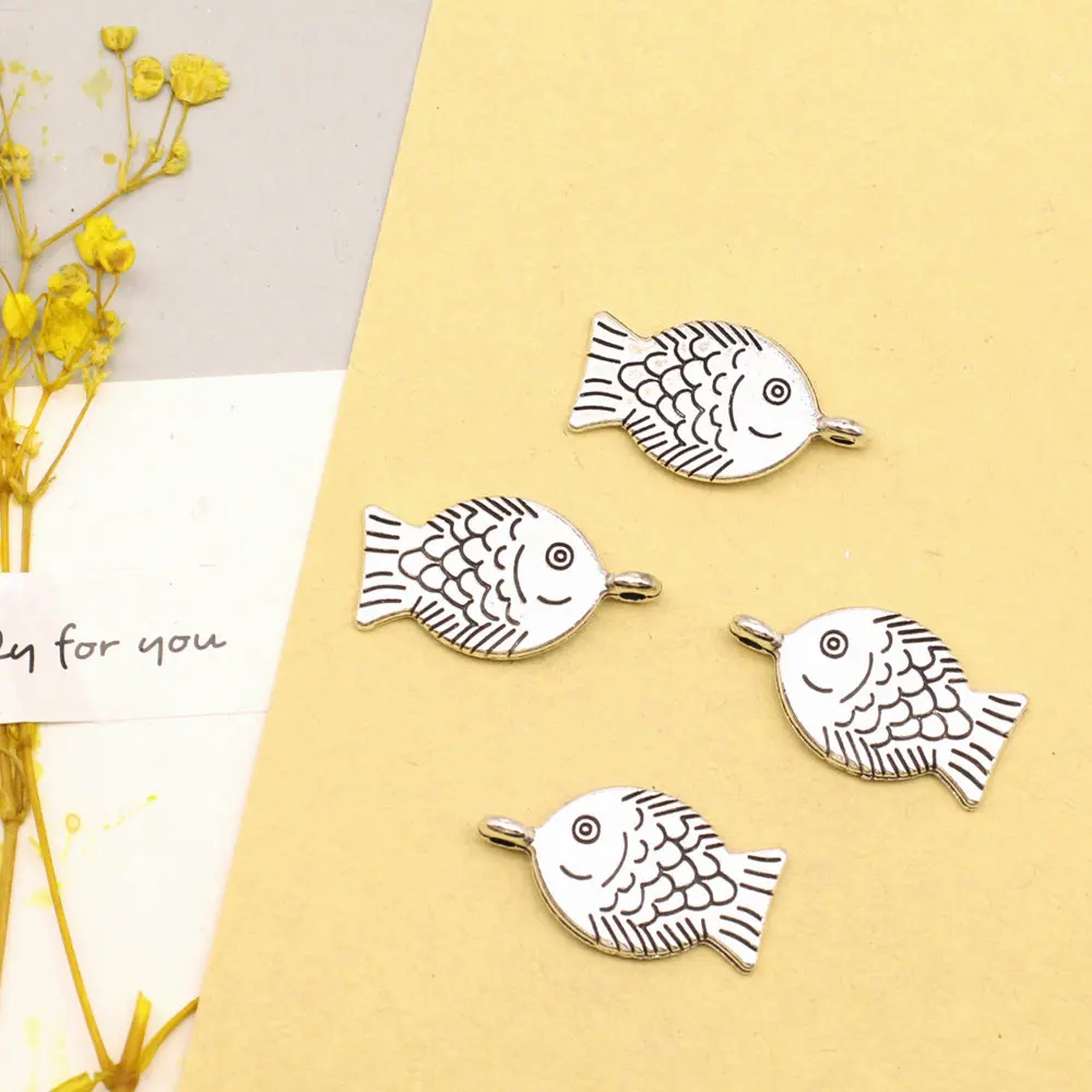 5pcs 14x25mm Fish Charms Couple Pendants Accessori For Woman Jewlery Trendy Antique Silver Color