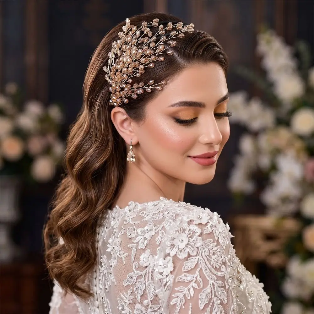 Double Layer Crystal Bridal Headband Single-sided Sparkly Design Rhinestone Hair Accessories Golden Branch Crystal