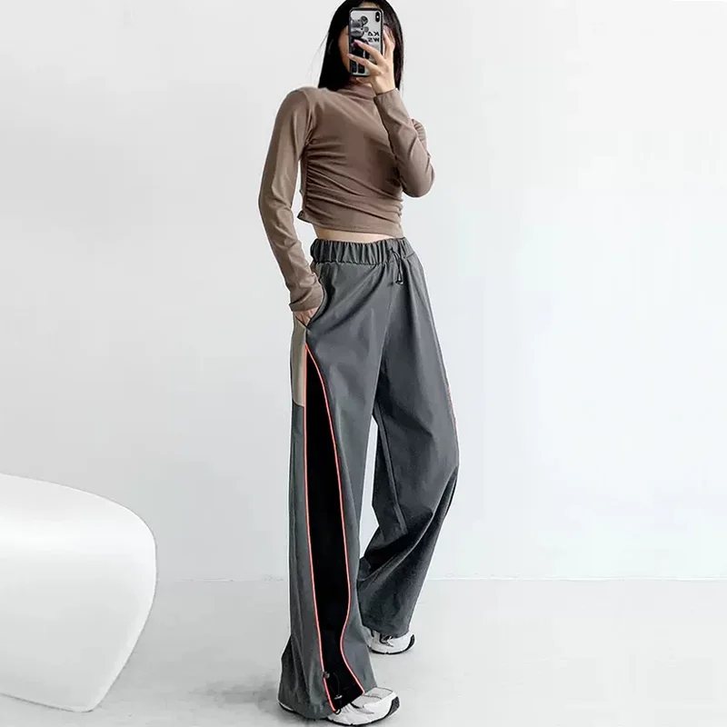 Women Relaxed Colour Block Cargo Trousers Wide Leg Cargo Pants With Drawstring Cuff