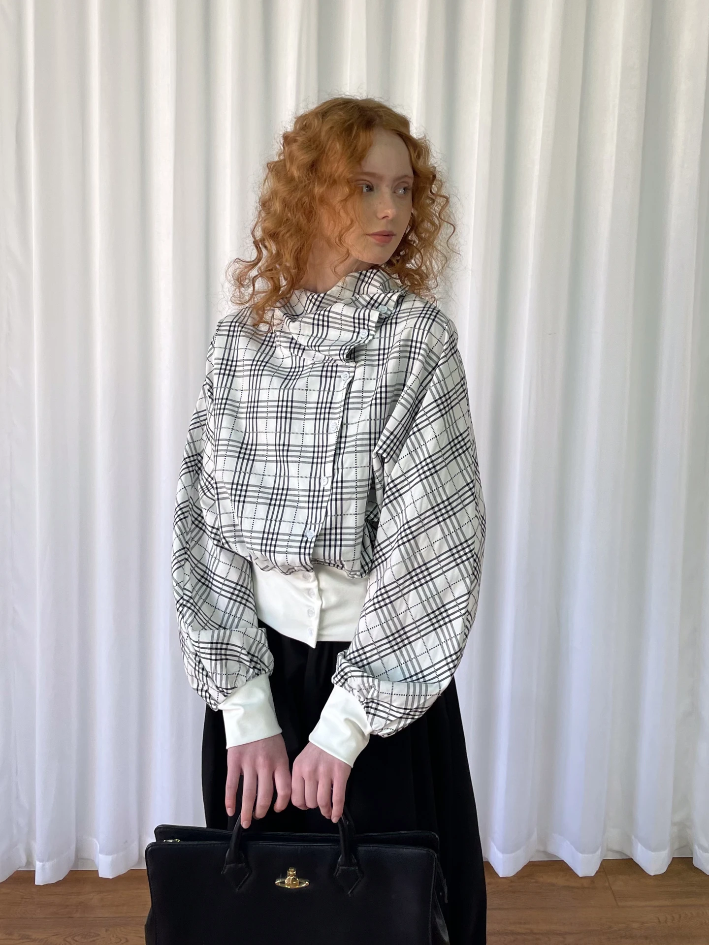 

Women's Plaid Long Sve irt Coat Loose Smell Bla White ids Folded Collar ort Top Slimming Versatile Commute Sle C...