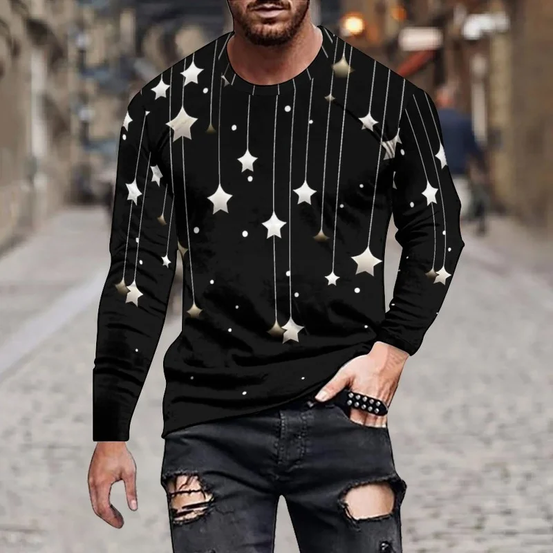 Night Sky Pattern T-Shirt For Men Colorful Star Moon 3D Printed T Shirts Autumn Casual Loose Round Neck Tops Tees Long Sleeves