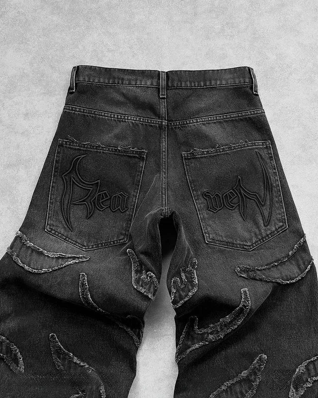 Baggy Jeans for Men Y2k Hip Hop Distressed Retro Black Pants Oversized Embroidery Harajuku Gothic Wide Leg Trousers Streetwear