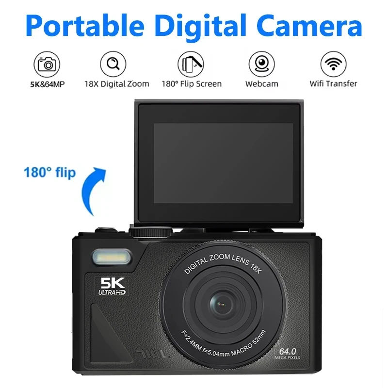 

Compact Digital Photography Camera 5K 18X Digital Zoom Vintage Vlog Video Recorder YouTube 180° Flip Screen Selfile WiFi Web Cam