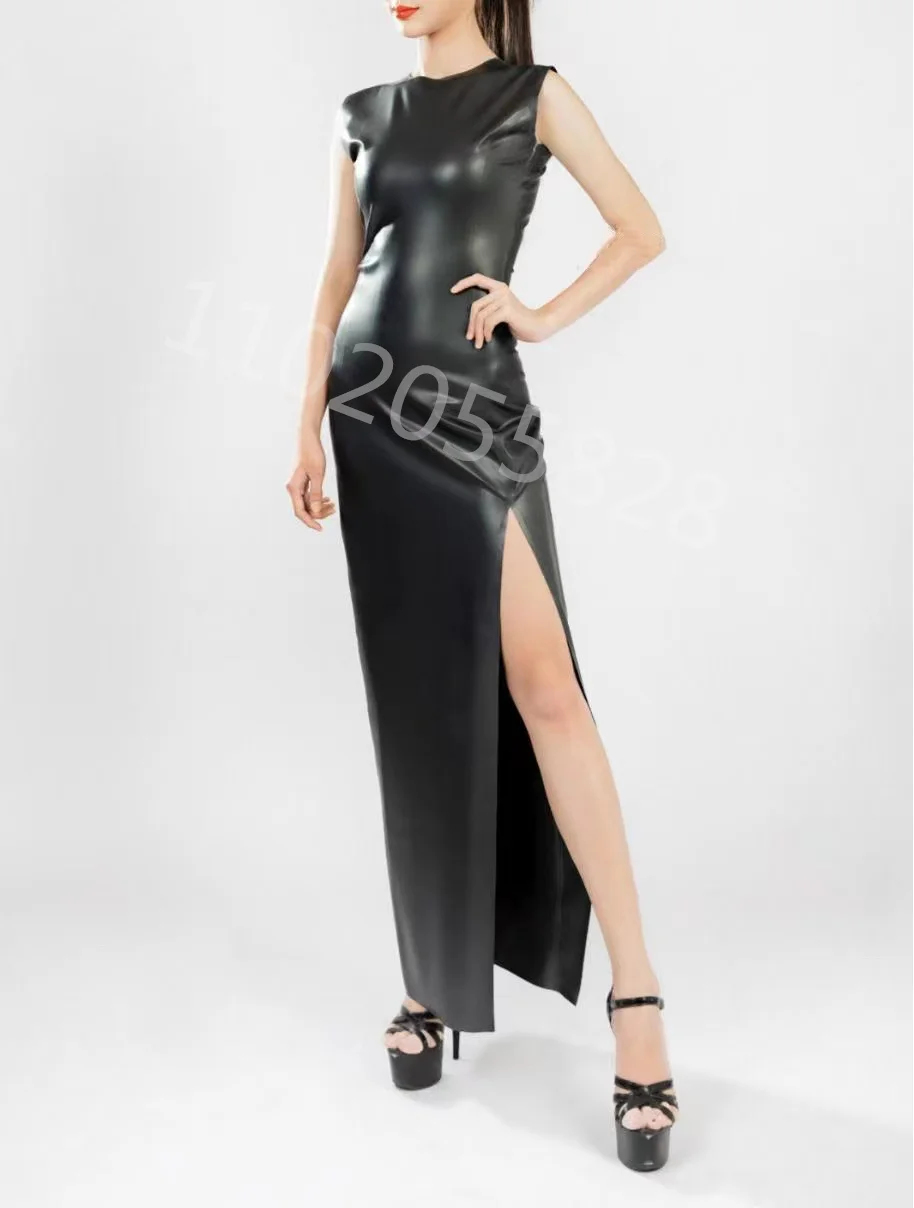 Latex Catsuit Rubber Gummi 100% Natural Long Dress High Split Dress Sexy Sleeveless Unique Party Club wear NO ZIP