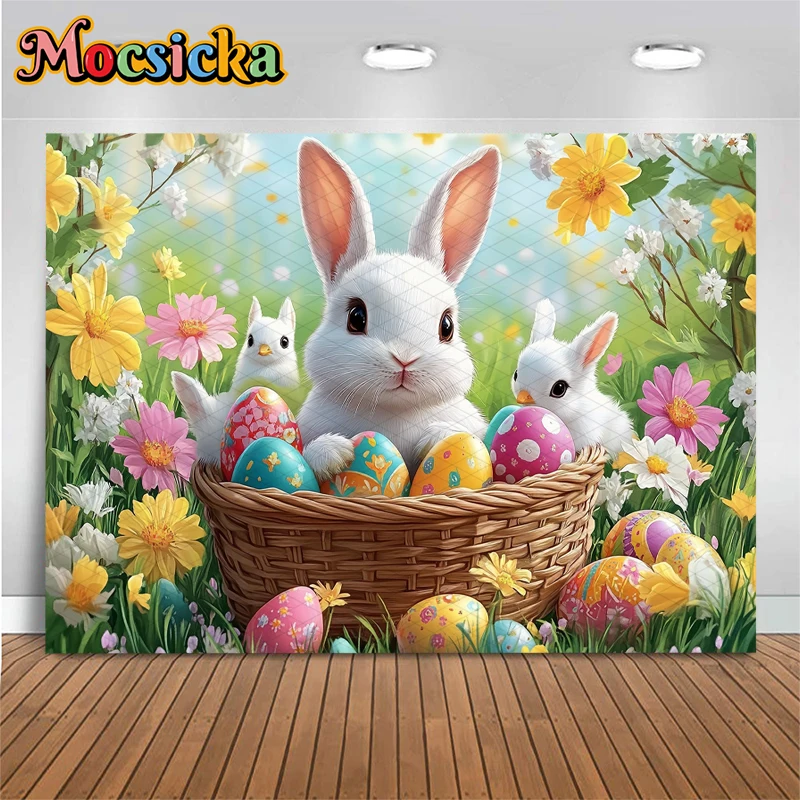 Mocsicka Easter Egg Photo Backdrop Spring Flower Rabbit Pattern Photography Backgrounds Party Decorations Studio Shoot Wallpaper