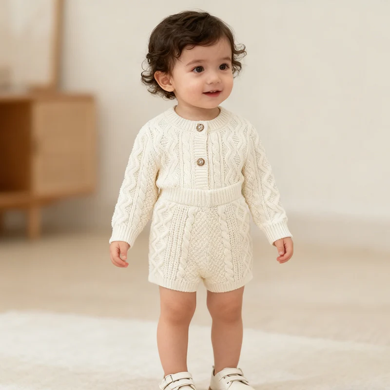 2026 ربيع جديد 0-3 سنوات ملابس الأطفال دعوى أكمام سترة مشغولة من الصوف معطف السراويل طفل رضيع فتاة الفتيان الملابس مجموعة