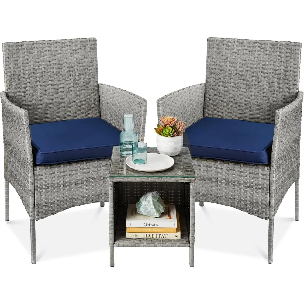 3-Piece Outdoor Wicker Conversation Bistro Set, Space Saving Patio Furniture for Garden w/Side Table - Gray/Navy