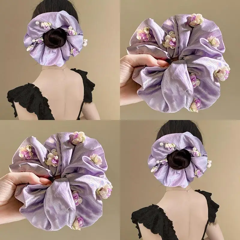 

Gentle Personality Satin Light Luxury Flower Large Intestine Hair Band Sweet Rose Hair Rope Fashion Low Ponytail Rope Headdress