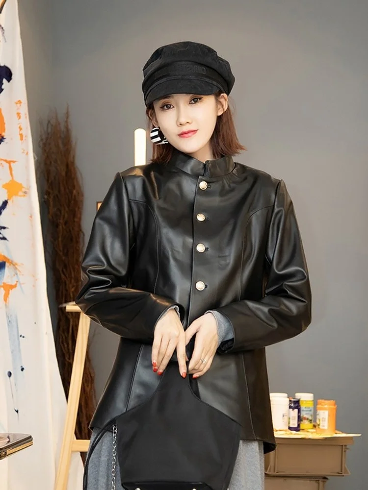 2023  Chinese Style Women Vintage Single Breasted Stand Collar Jacket Slim Fit Soft Sheepskin Genuine Leather Jacket Outerwear C