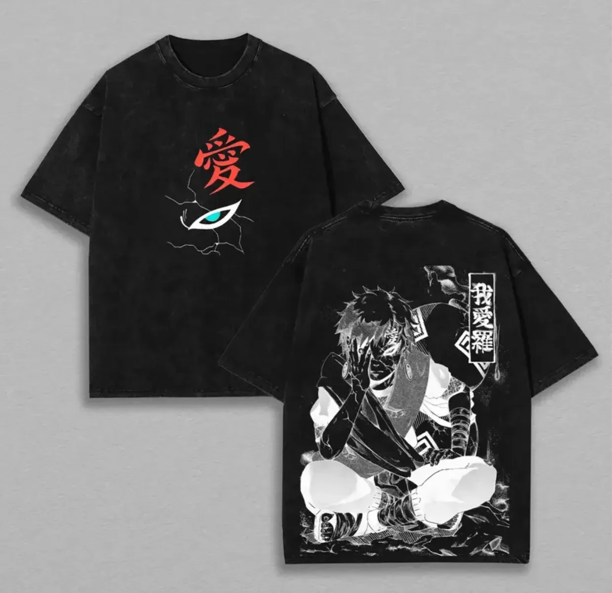 Gaara T-Shirt Naruto Herren Acid Wash Rückendruck Sand Eye Anime Grafik Baumwolle Streetwear Kazekage Shukaku Vintage Bootleg Tee