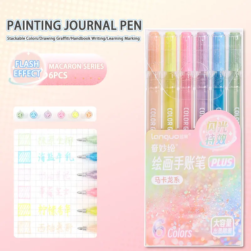 Languo Hand Account Pen 4/6 kleuren Grote capaciteit Flash Speciale effecten Hoge schoonheid Schilderen Neutrale pen Studententekenbenodigdheden