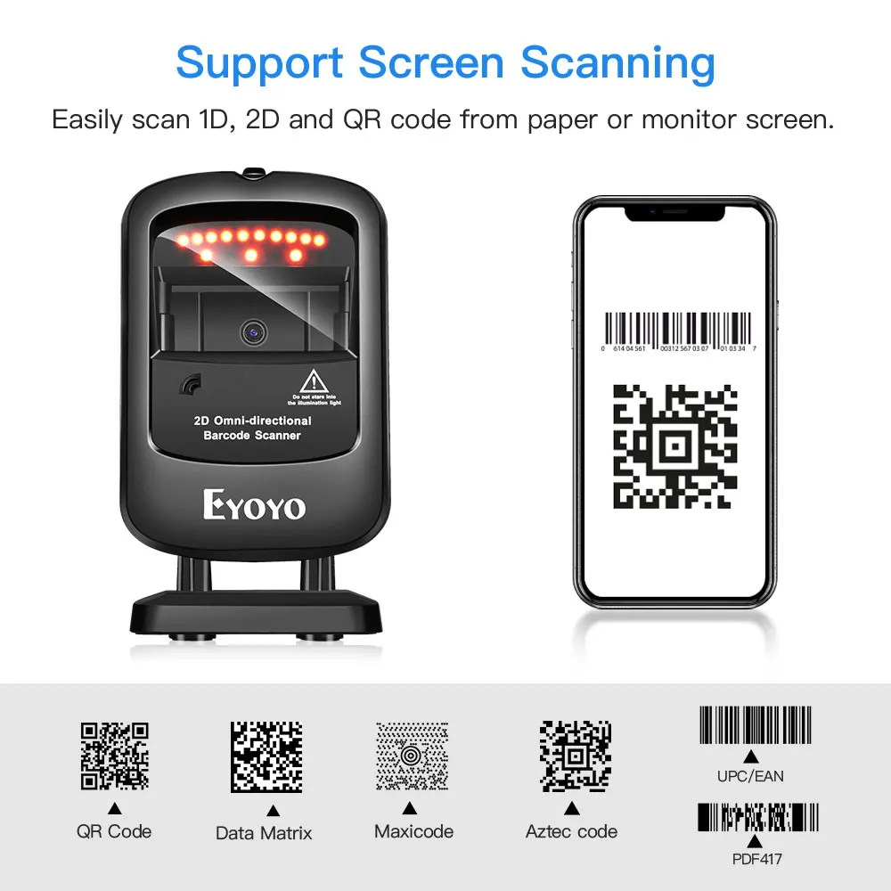 Eyoyo EY-2200 Upgraded 2D Screen Image QR Code Reader Omnidirectional USB Wired Handsfree Desktop Barcode Scanner For Store/Mall