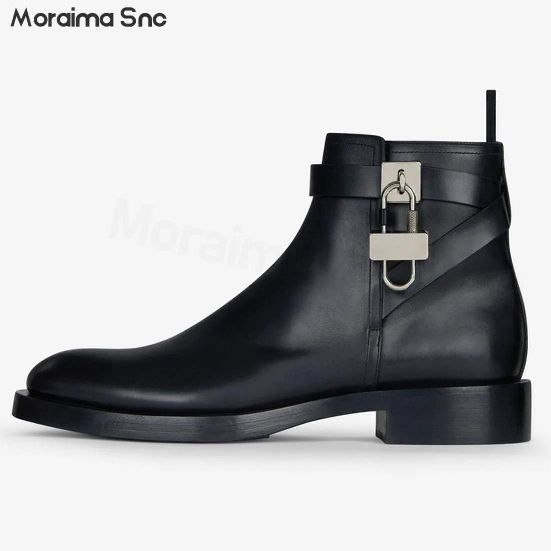 

Silver Lock Decorated Casual Short Boots Square Root Black Cross Strap Business Leather Boots Large Size Formal Men's Shoes