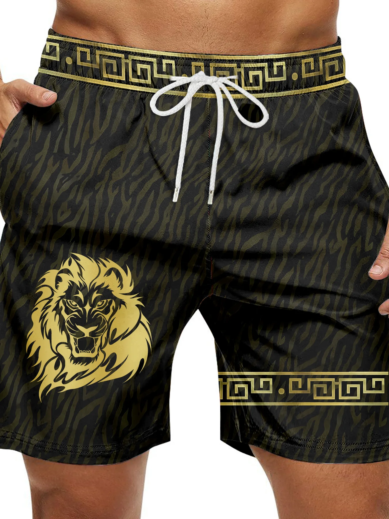 Mens Golden Lion Greek Key Zebra Stripe Print Quick Dry Board Shorts Elastic Drawstring Swim Trunks Summer Beach Casual Outfit