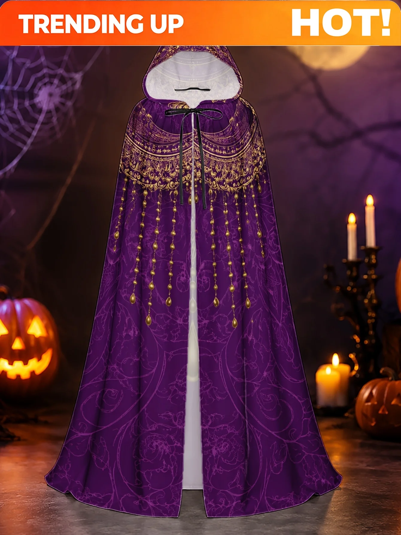 Customization 1pc Polyester Witch Cape With Ornate Golden Motifs On Purple Pattern, Long Hooded Robe For Halloween And Christmas