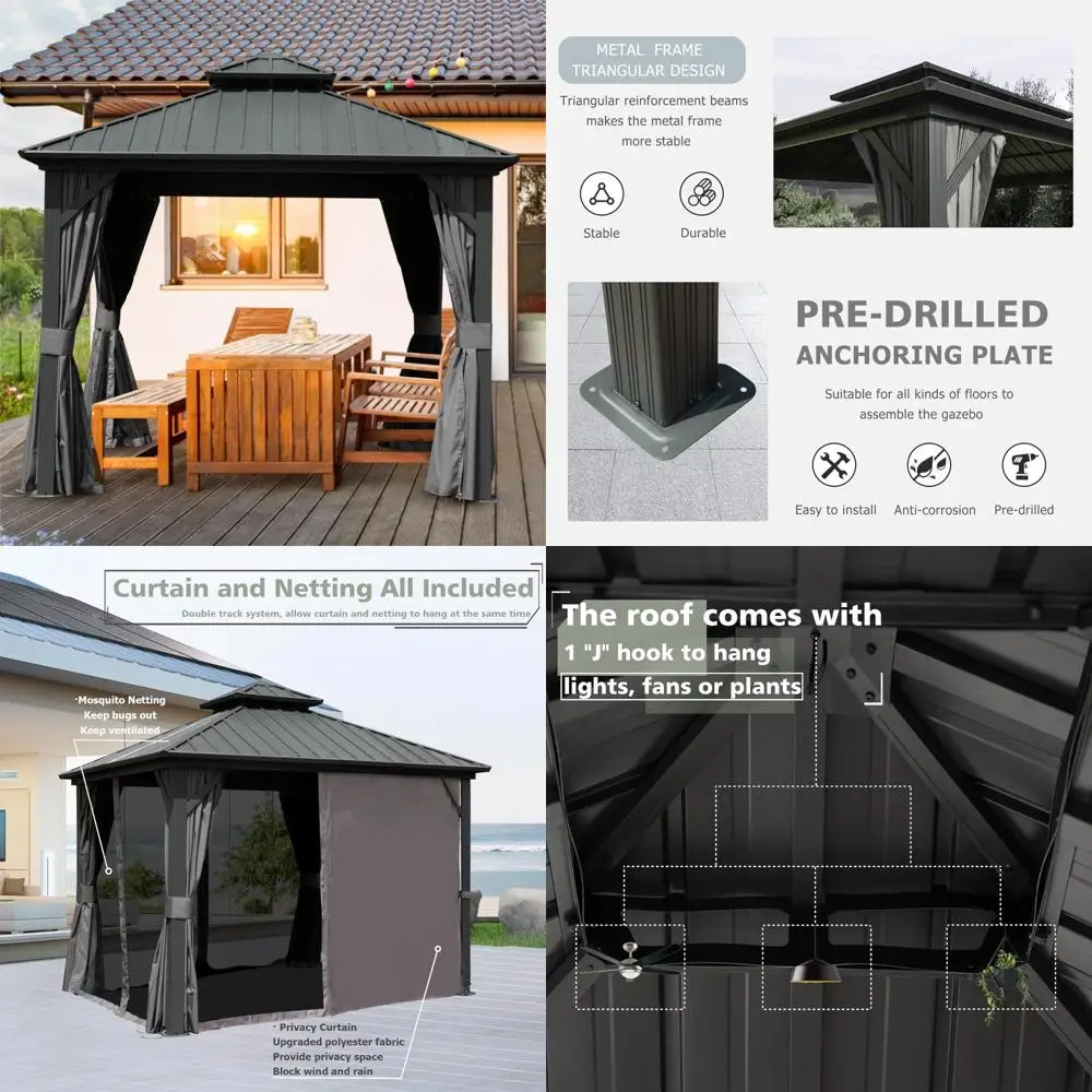 

domi hardtop gazebo 8x8ft, aluminum outdoor gazebo with galvanized steel double roof canopy, curtains and netting included, meta