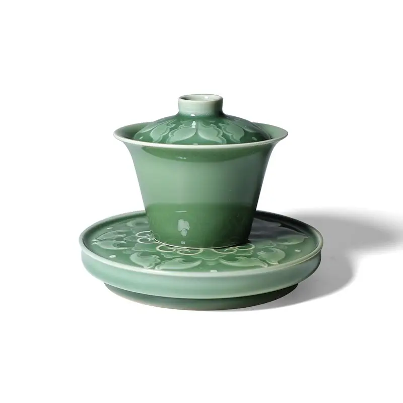 

Pure handmade plum green engraved flower cover bowl, powerful Chinese tea set, Sancai bowl tea bowl