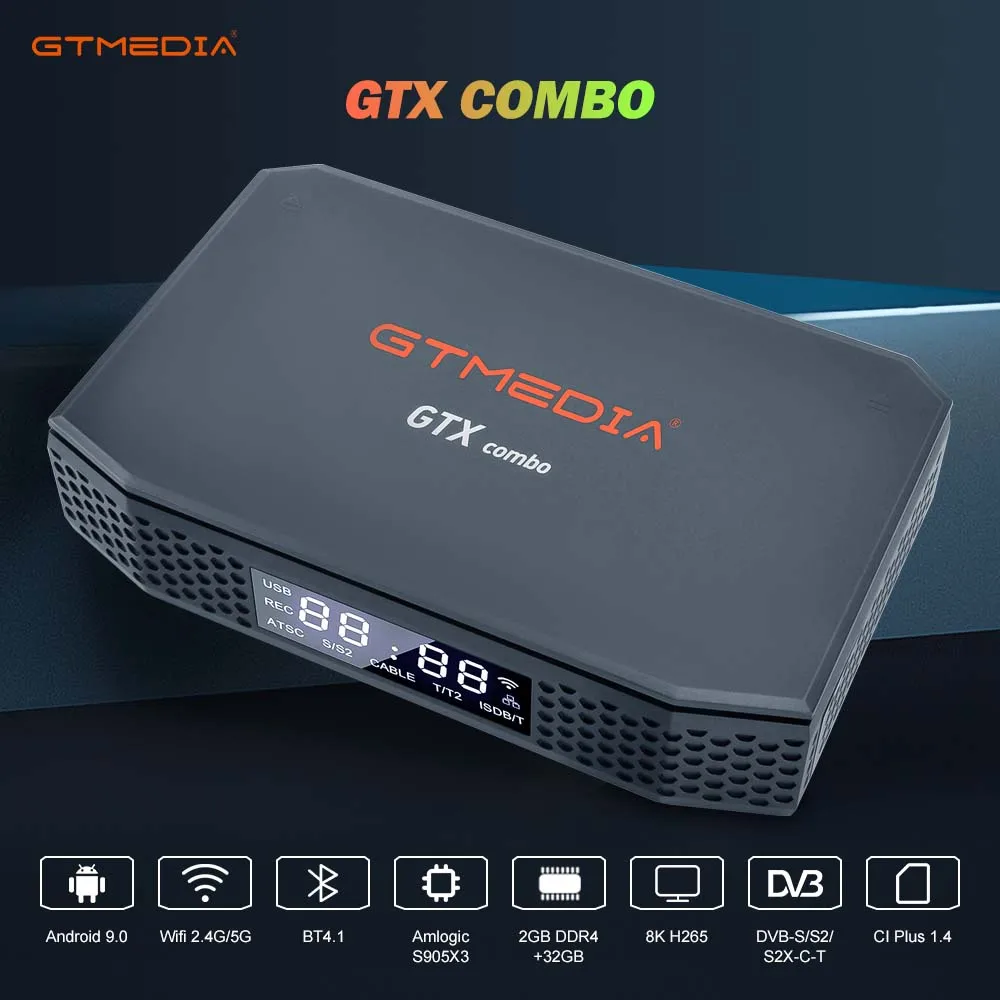 GTMEDIA GTX COMBO Android 9.0 TV BOX, DVB-S/S2/S2X,ATSC-T1.0/C,DVB-T/T2/C/C2,ISDBT 8K H265 4K display CI Plus 1.4, SATA-HDD