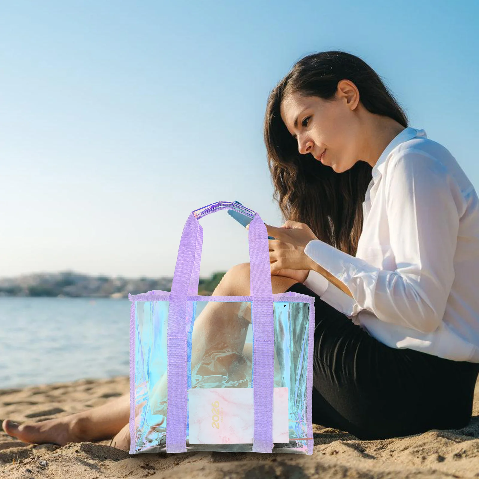 1Set Waterproof PVC Beach Tote Bag Large Capacity Iridescent Shoulder Pool Storage Bag Tote Bags for Travel Coastal Beach Bags