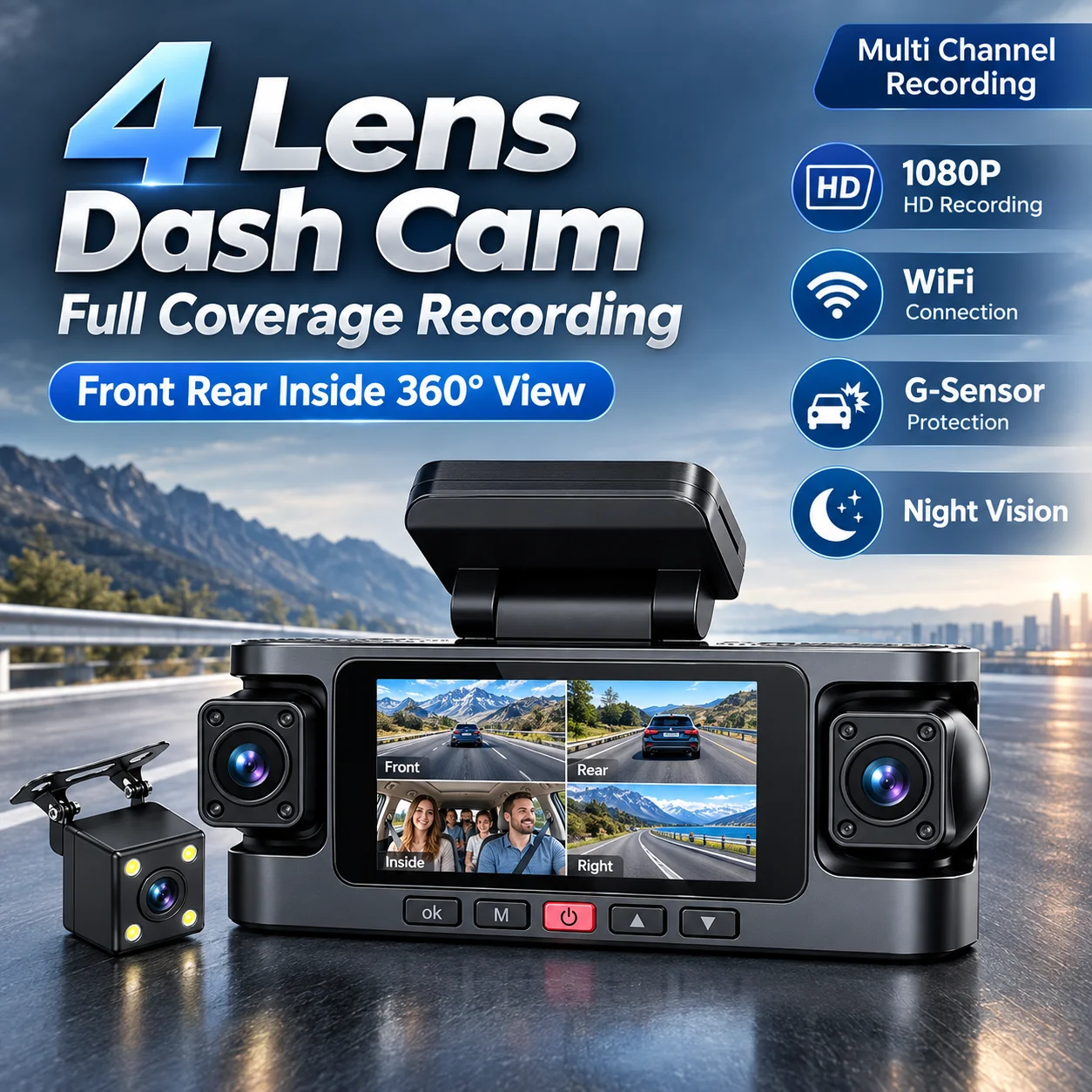1080P 4-Lens Dash Cam with WiFi Front Inside Rear Camera System Motion Detection Loop Recording Full HD Recording